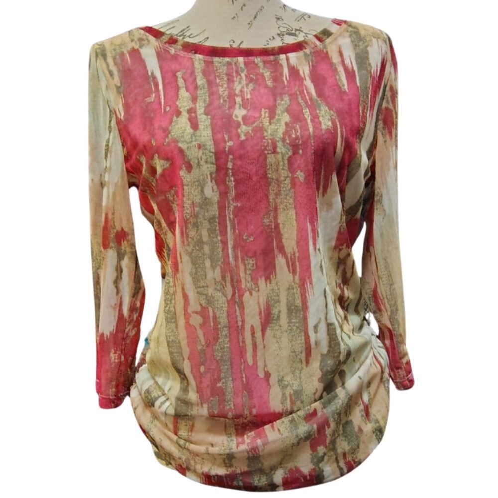 Tribal‎ Sheer Womens Top Medium Mesh Ruched Water Color Boho Artsy Fairy Grunge